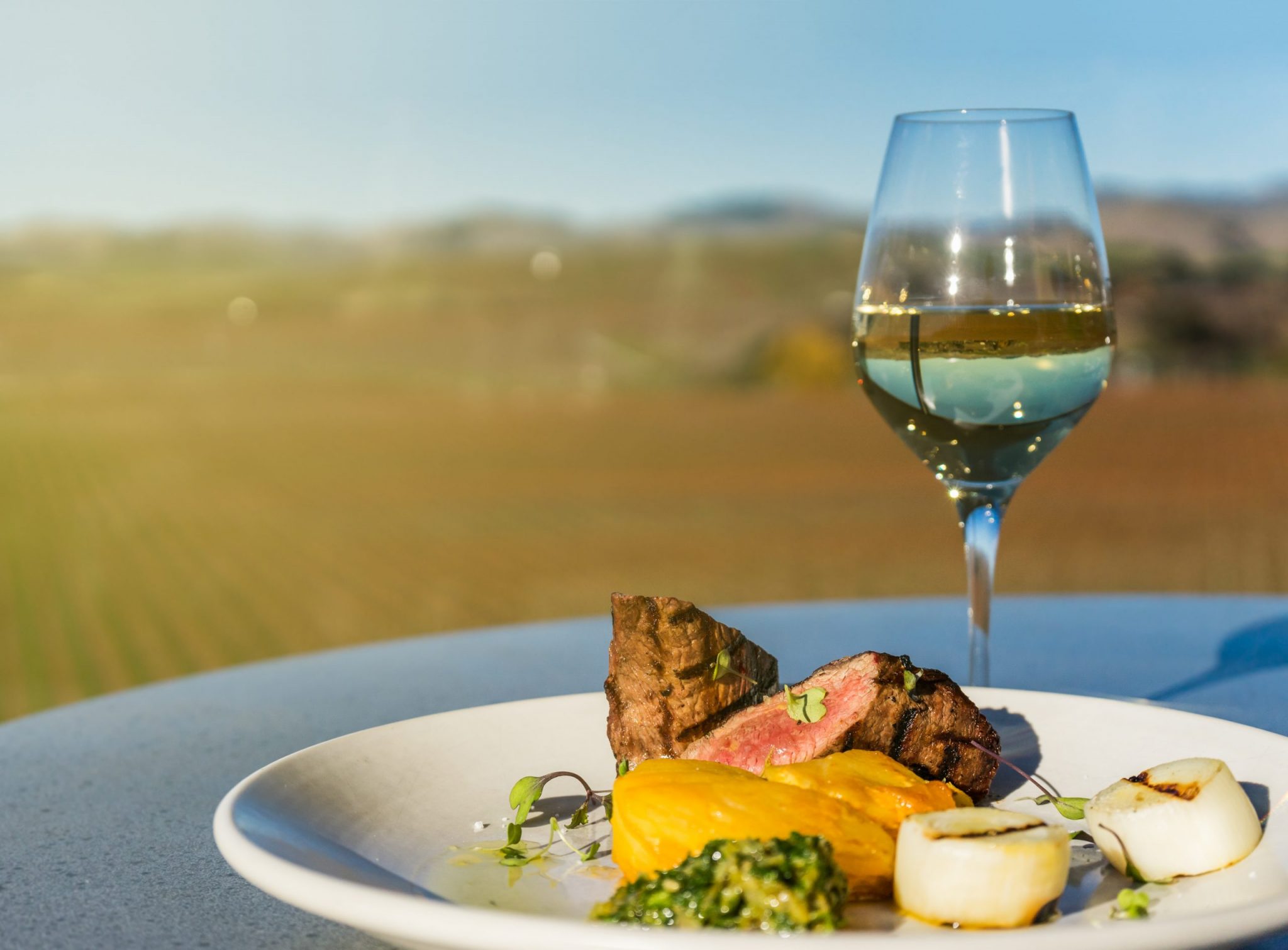 Steak and glass of white wine