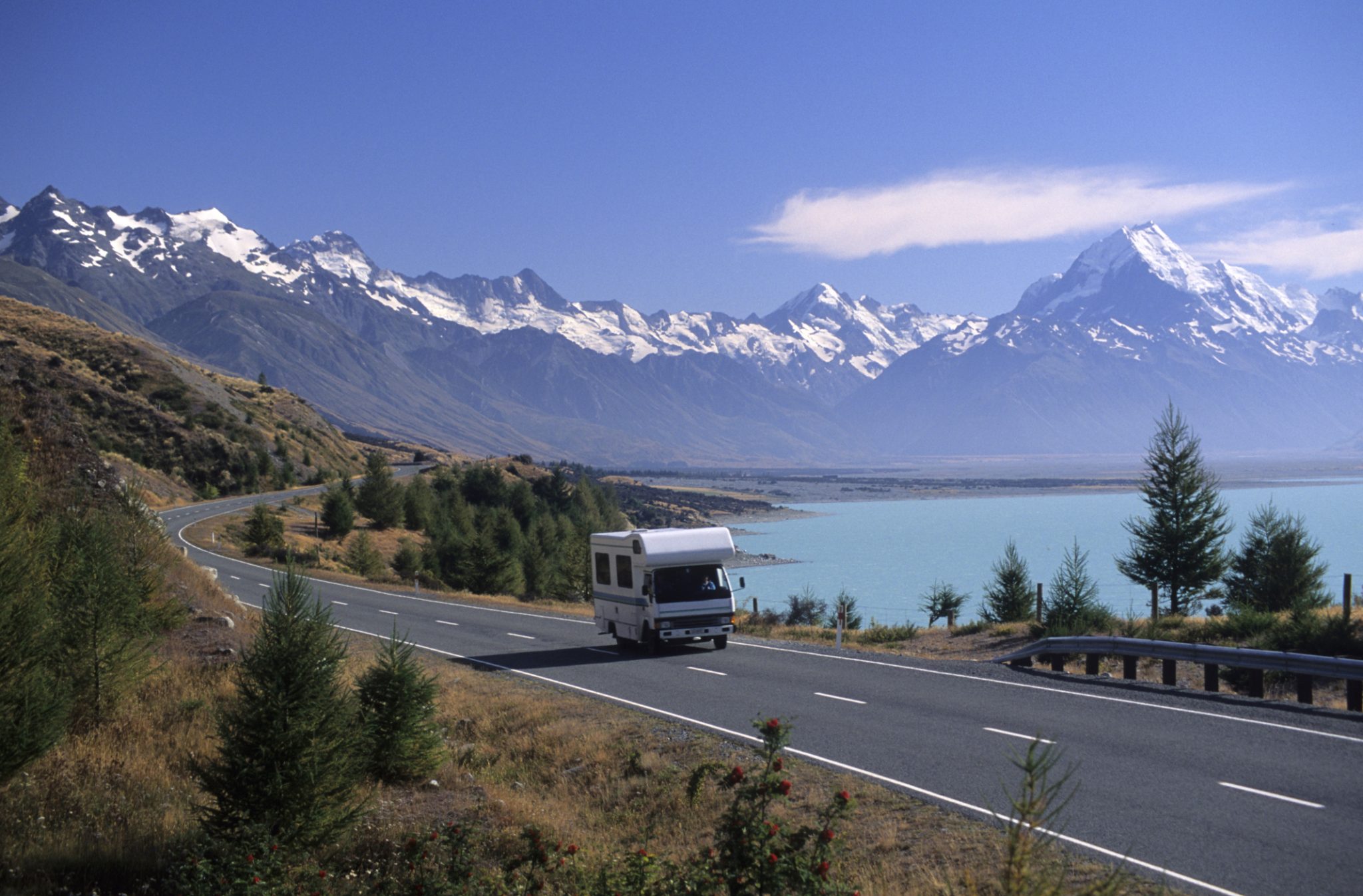 RV travel near Mount Cook and Lake Pukaki, New Zealand